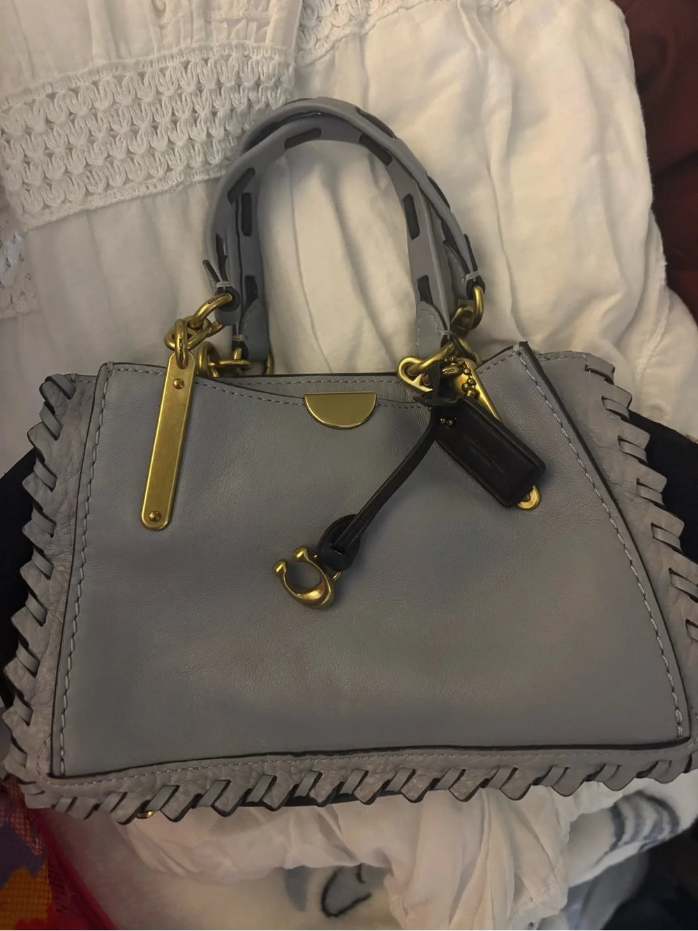 Coach Gray/Blue Leather Satchel with Gold Hardware